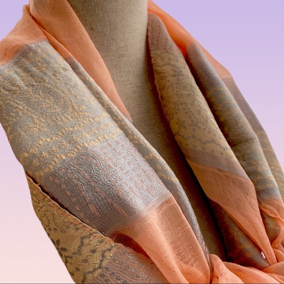 Pink Peach Sheer Silver Stripe Silk Scarf Wrap Shawl Silk Blend - Picture 4 of 6